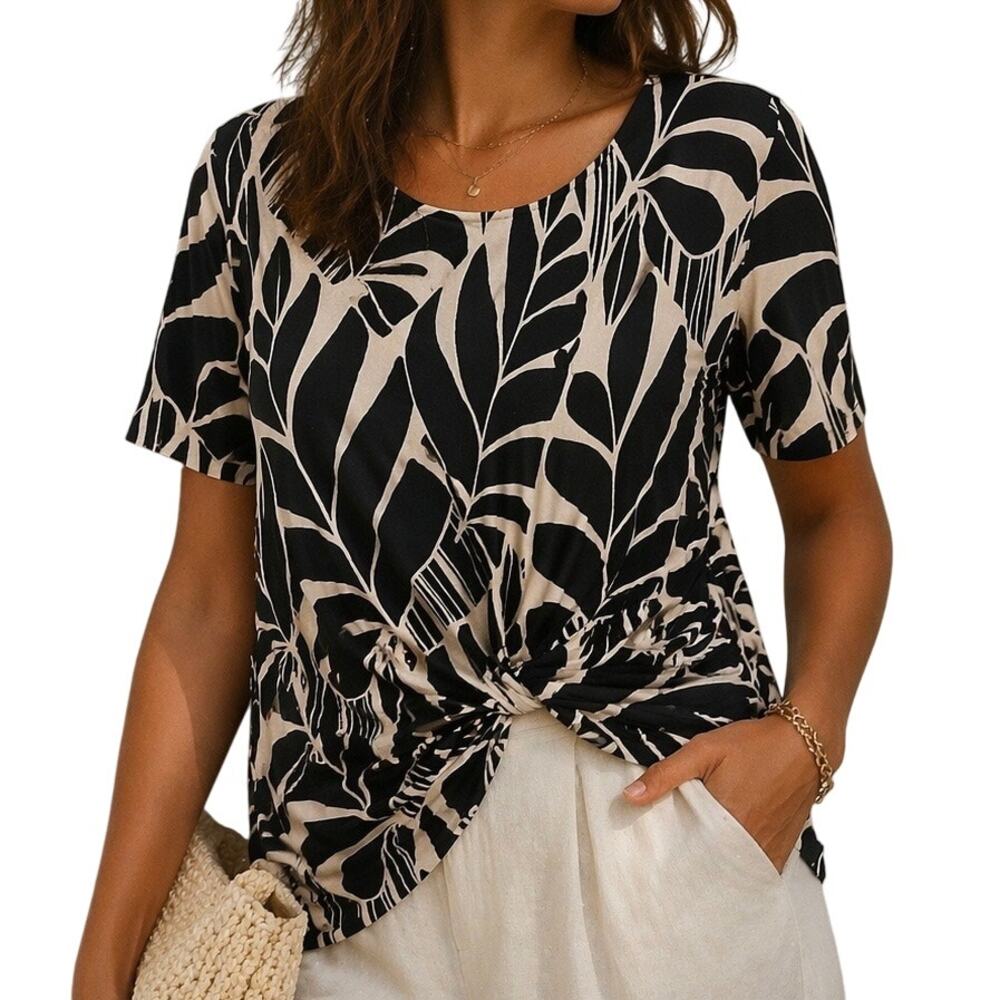Quiet Luxury Black Cream Leaf Print Blouse Old Money Euro Chic Top
